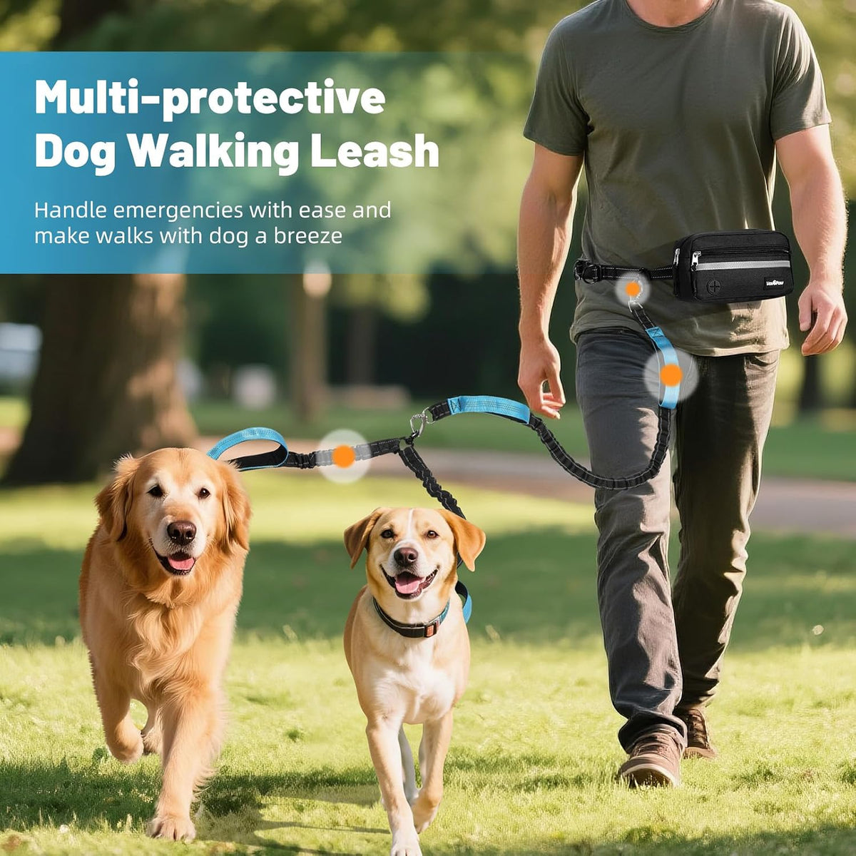 Hands Free Dog Leash for 2 Dogs with Pouch, Dog Walking, 25-120 Lbs