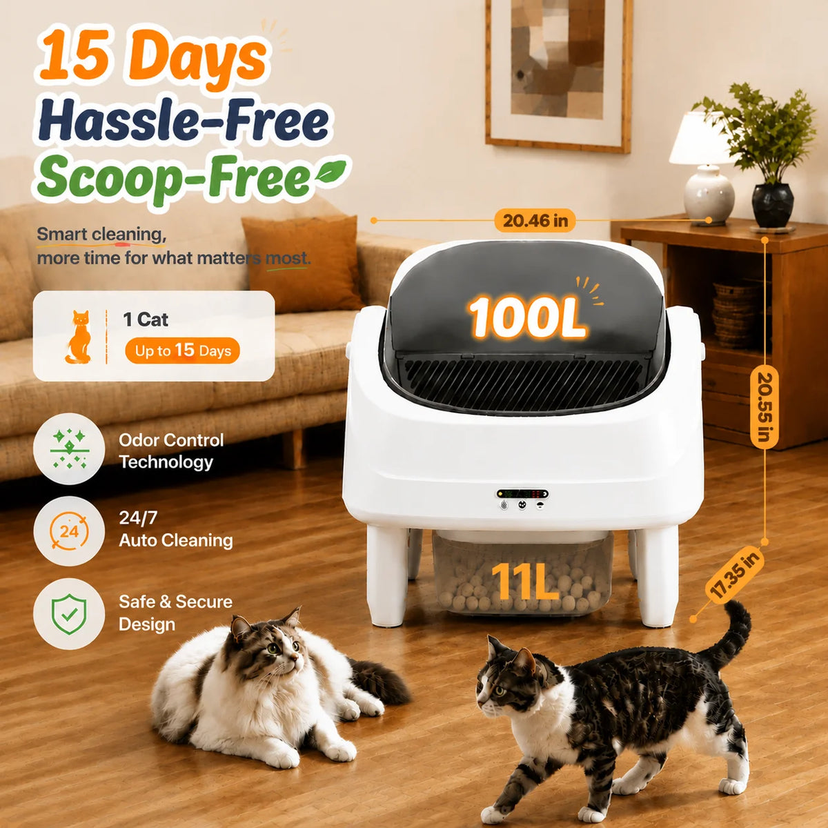 111 Capacity Self Cleaning Cat Litter Box, Automatic Litter Box with Dula APP & Panel Control, Automatic Litter Box for Multi Cat, 8 Safety Sensors, Quiet Odor Free Operation,Free Waste Bag