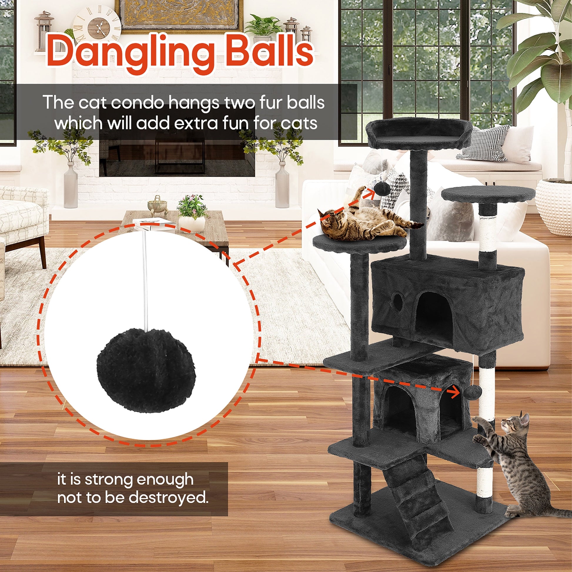 Tabby Indoor Upholstered Faux-Fur Wood Dark Gray Cat Condo Tree Tower for Pet Room
