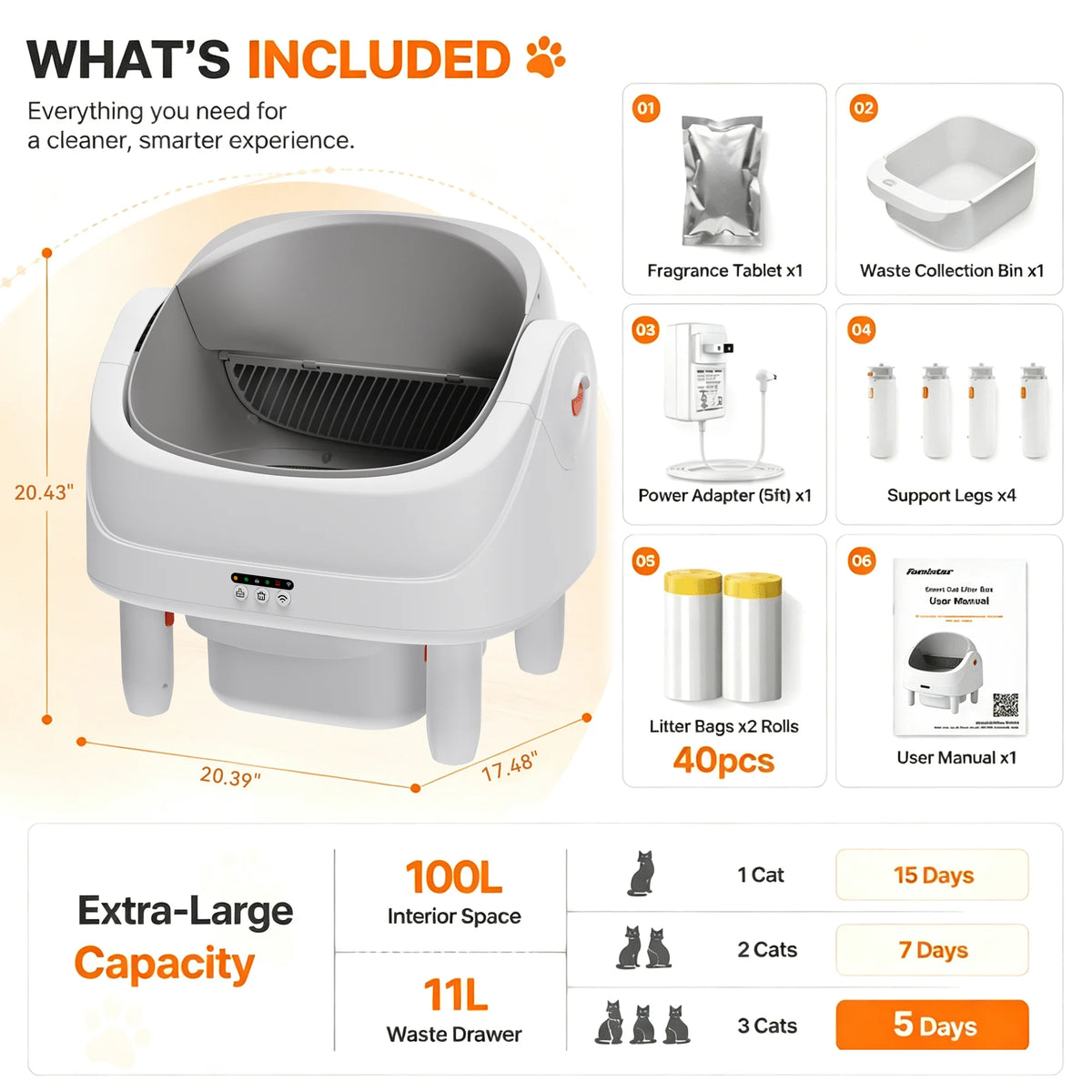 111 Capacity Self Cleaning Cat Litter Box, Automatic Litter Box with Dula APP & Panel Control, Automatic Litter Box for Multi Cat, 8 Safety Sensors, Quiet Odor Free Operation,Free Waste Bag