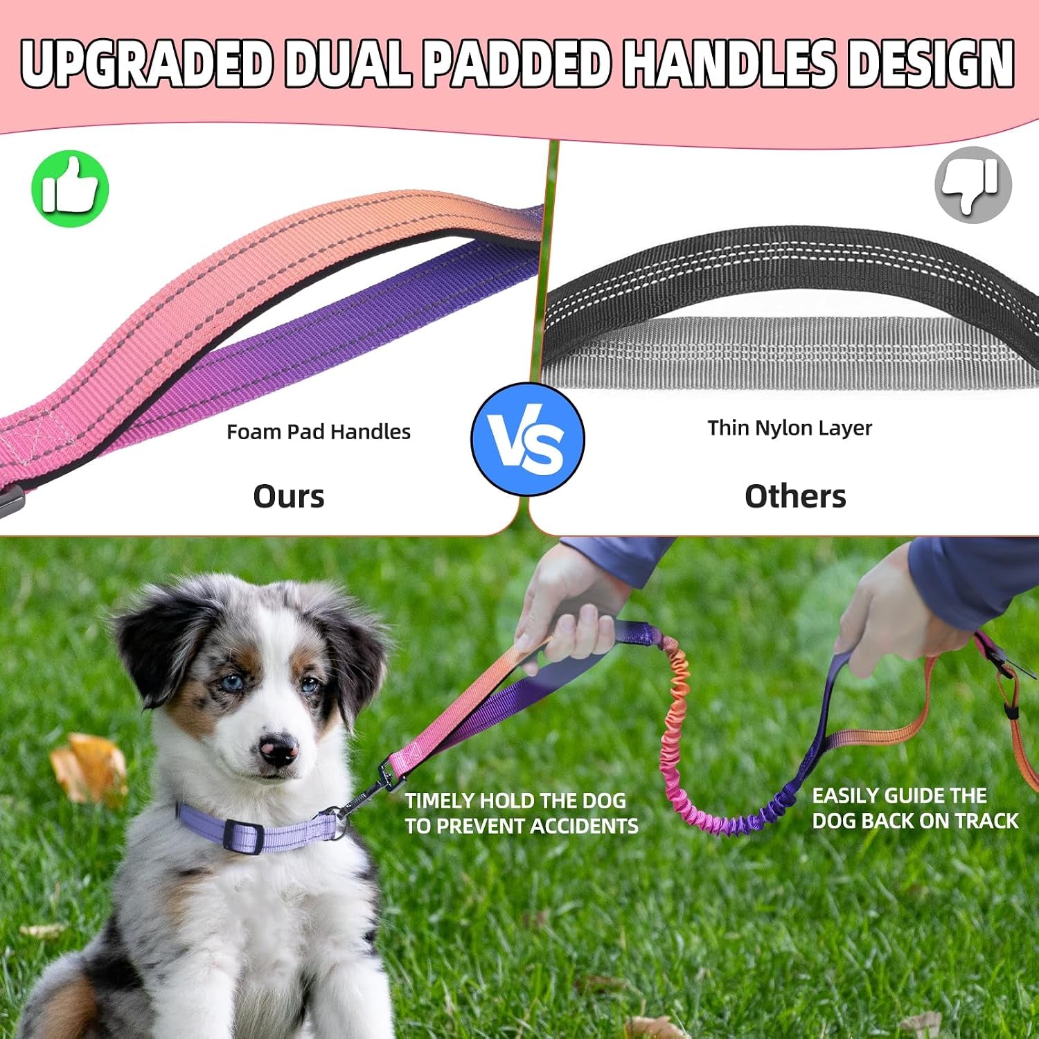 Hands Free Dog Leash with Zipper Pouch, 6-9Ft Bungee Waist Leash for Medium Large Dogs Walking, Running Lead with Dual Padded Handles Car Safety Buckle for Training Jogging