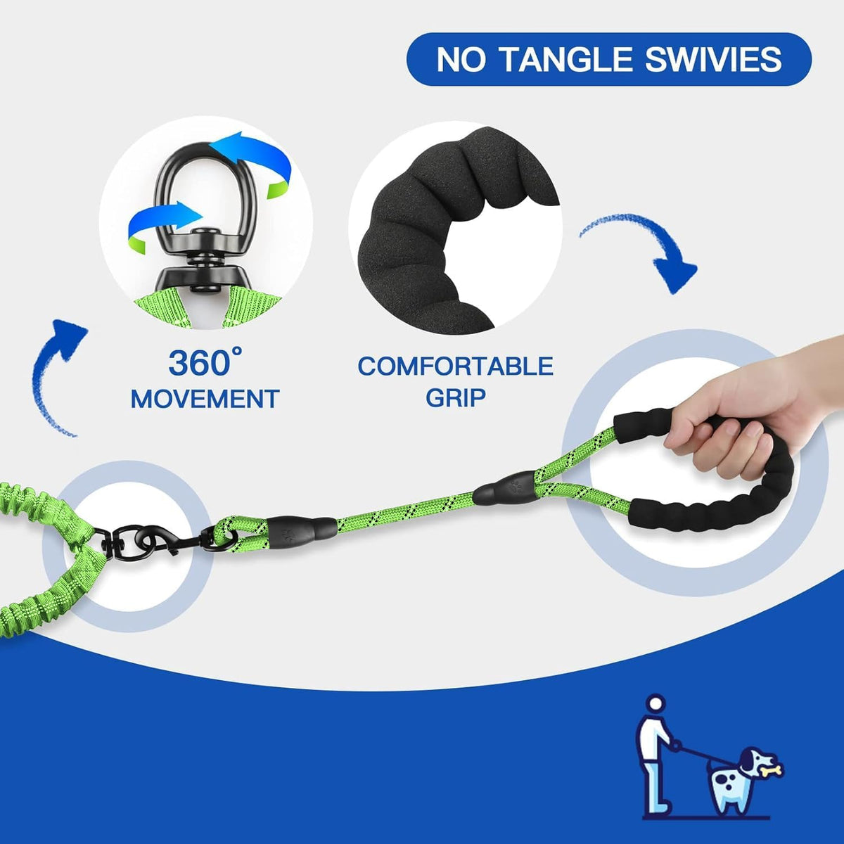 Double Dog Leash - 360 Swivel, Tangle-Free Bungee Walking & Training Leash for Large & Medium Dogs, Shock Absorbing, Reflective, 18-120 Lbs, Green