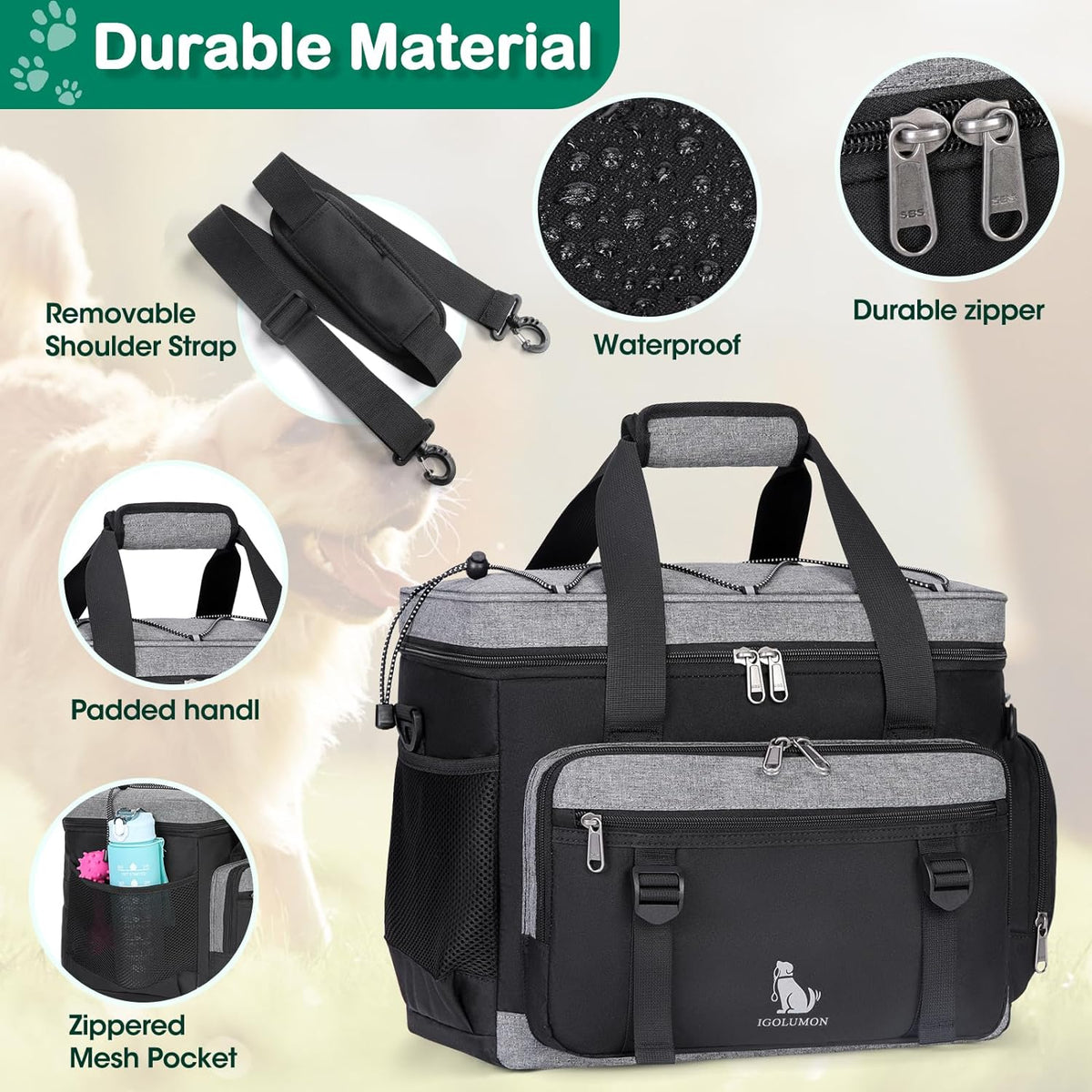 Dog Travel Bag Large Pet Travel Bags Set for Supplies Weekend Travel Kit Tote Organizer Multi-Pockets Food Travel Bag with 2 Extra Large Food Containers, 2 Dog Bowls, 1 Feeding Mat