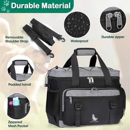Dog Travel Bag Large Pet Travel Bags Set for Supplies Weekend Travel Kit Tote Organizer Multi-Pockets Food Travel Bag with 2 Extra Large Food Containers, 2 Dog Bowls, 1 Feeding Mat
