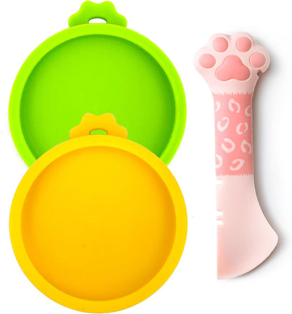 Small Cat Food Can Lids with Cat Food Spoon Set, Silicone Cat Food Can Covers Lids for 3 Oz Cans, Cat Can Opener Spatula Cat Spoon for Wet Food