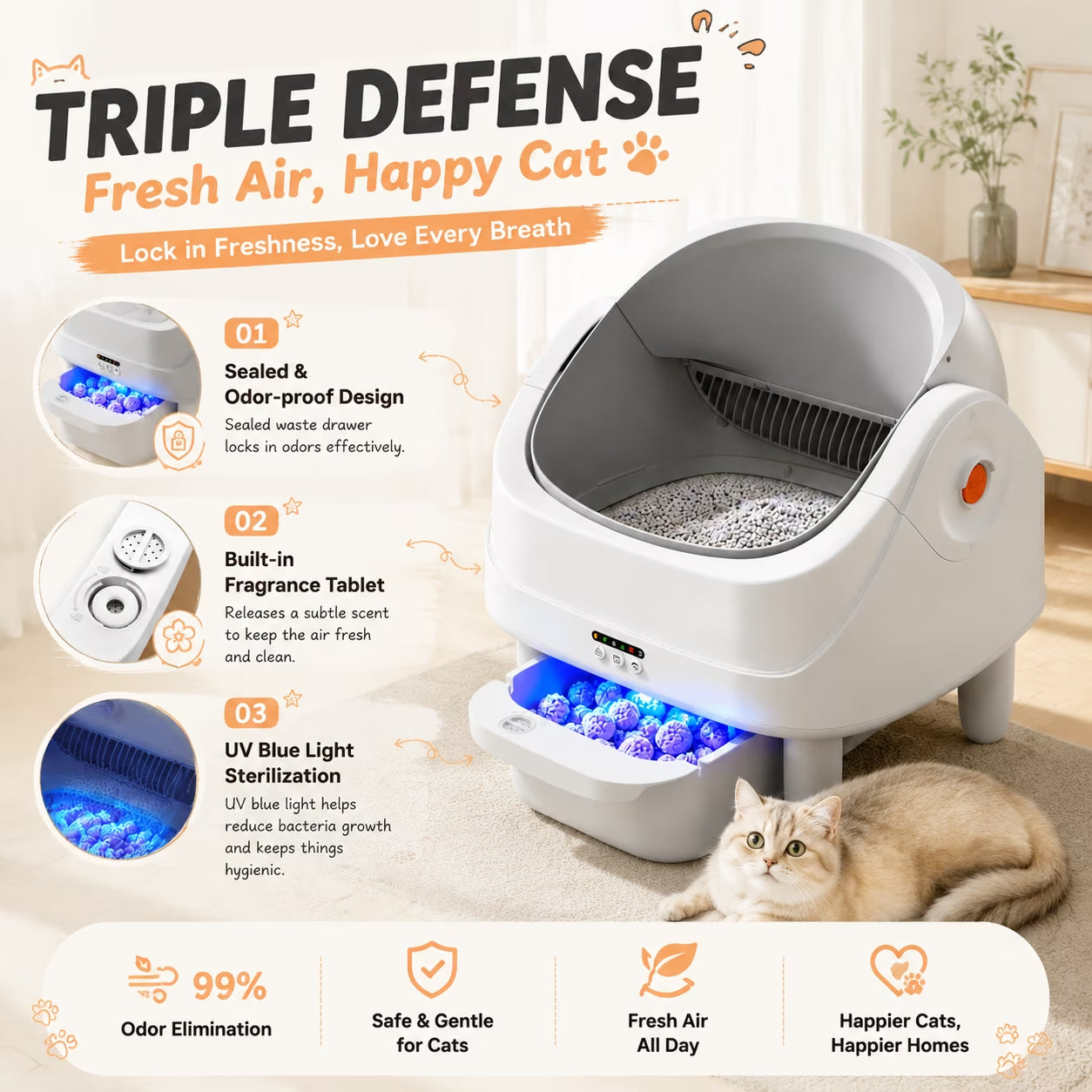 111 Capacity Self Cleaning Cat Litter Box, Automatic Litter Box with Dula APP & Panel Control, Automatic Litter Box for Multi Cat, 8 Safety Sensors, Quiet Odor Free Operation,Free Waste Bag
