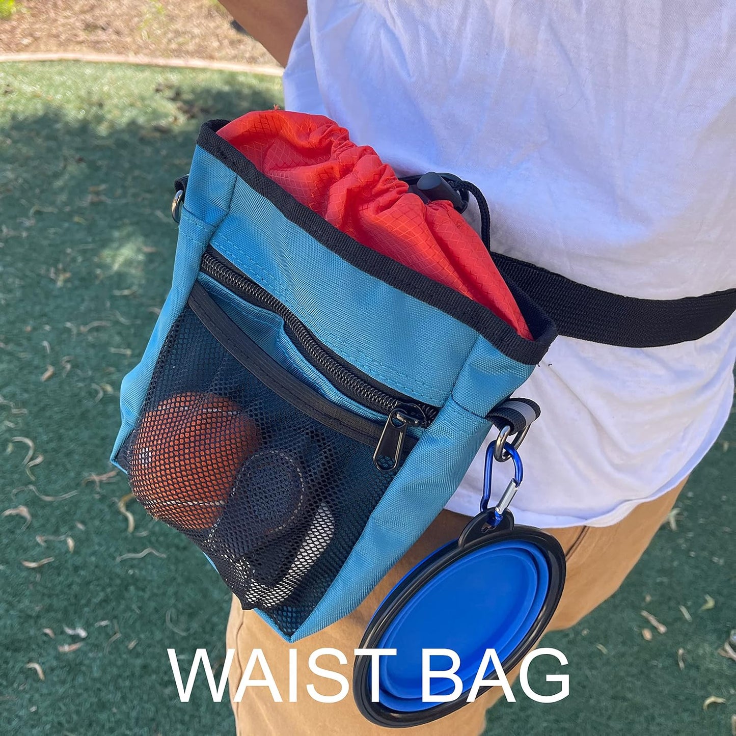 Dog Training Pouch with Training Clicker and Water Bowl - 5 Ways to Wear - Carry Toys, Treats for Positive Reinforcement - Built-In Poop Bag Dispenser (Teal)