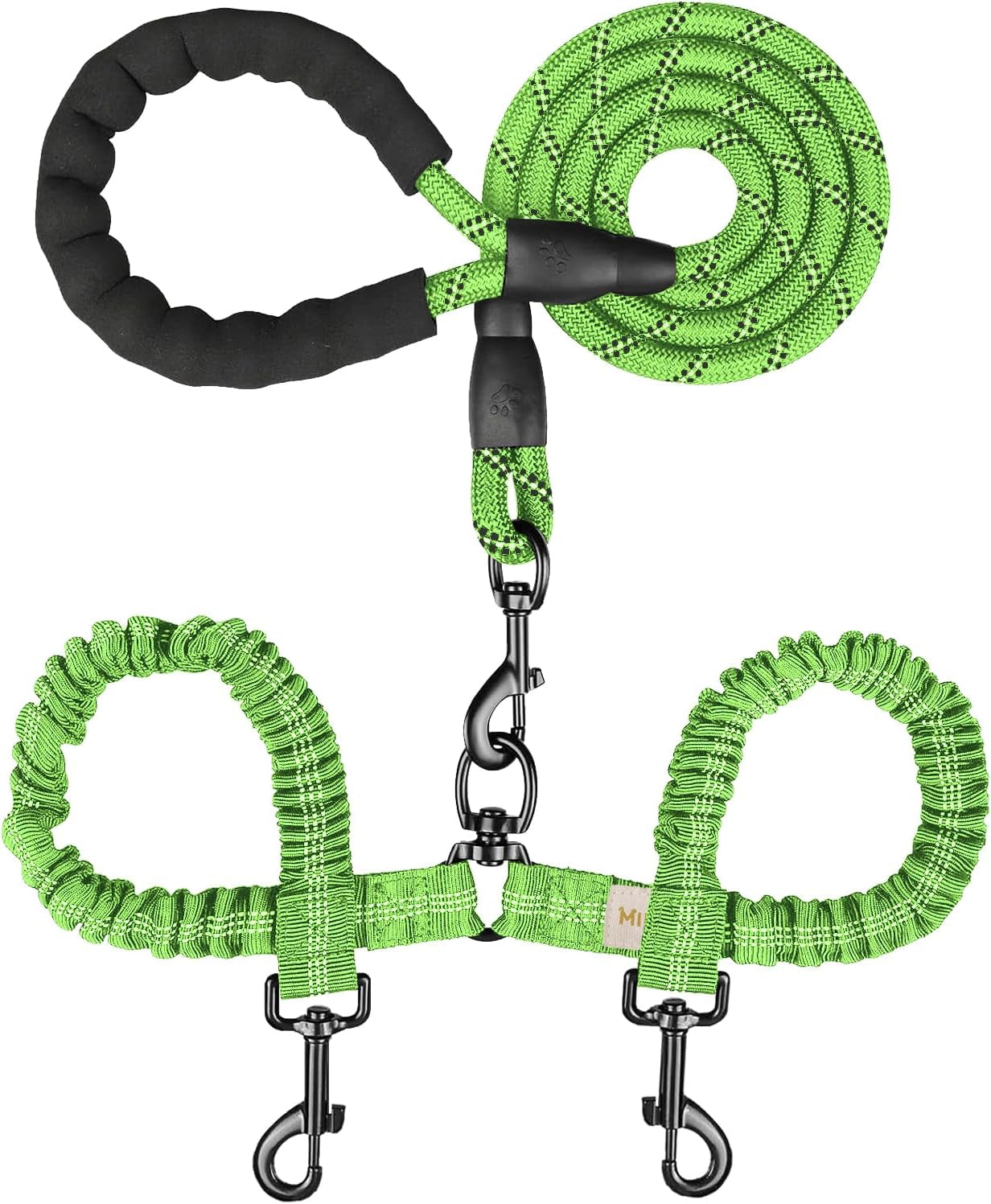 Double Dog Leash - 360 Swivel, Tangle-Free Bungee Walking & Training Leash for Large & Medium Dogs, Shock Absorbing, Reflective, 18-120 Lbs, Green