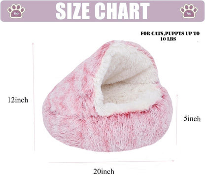 Calming round Dog Bed & Cat Cave with Hooded Cover, Plush Fluffy Anti-Anxiety Cat Bed, Waterproof Bottom Washable (Pink, 20X20Inch)