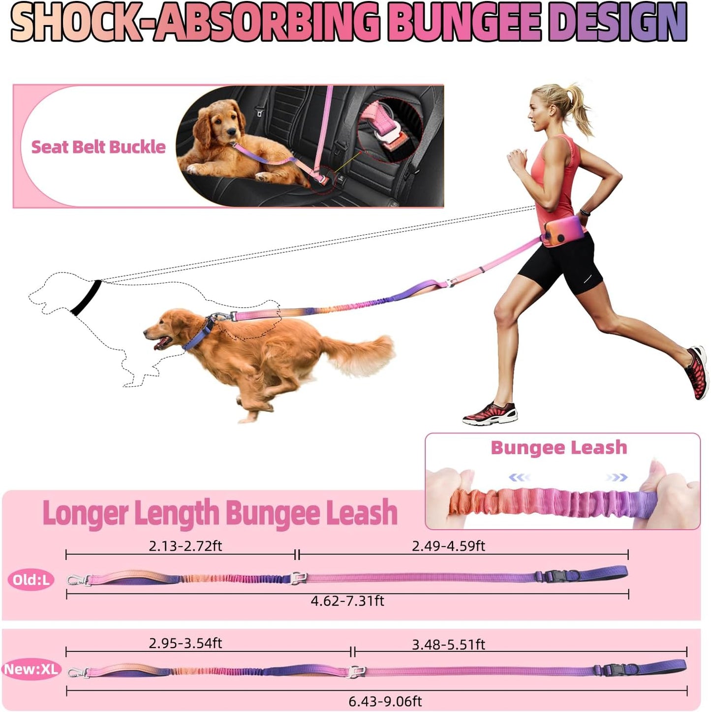 Hands Free Dog Leash with Zipper Pouch, 6-9Ft Bungee Waist Leash for Medium Large Dogs Walking, Running Lead with Dual Padded Handles Car Safety Buckle for Training Jogging