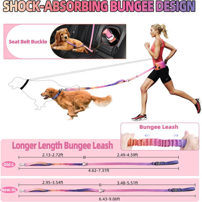 Hands Free Dog Leash with Zipper Pouch, 6-9Ft Bungee Waist Leash for Medium Large Dogs Walking, Running Lead with Dual Padded Handles Car Safety Buckle for Training Jogging