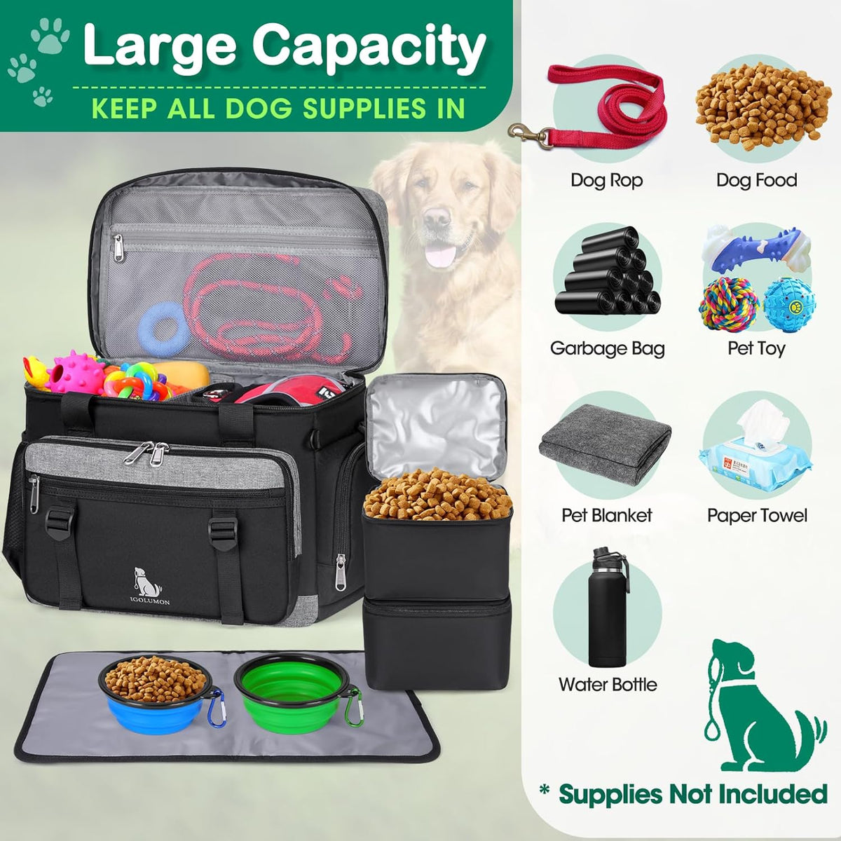 Dog Travel Bag Large Pet Travel Bags Set for Supplies Weekend Travel Kit Tote Organizer Multi-Pockets Food Travel Bag with 2 Extra Large Food Containers, 2 Dog Bowls, 1 Feeding Mat