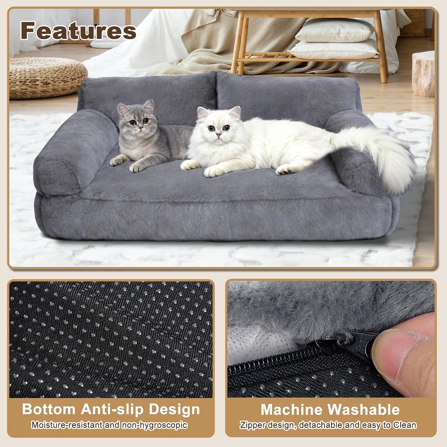 Cat Beds for Indoor Cats, Cat Couch Bed, Cute Cats Sofas for Medium Pets, Dog Sofas & Chairs with Removable Washable Cover, Plush Soft Pet Furniture for 35Lbs Medium Dogs & Cats(Light Gray)