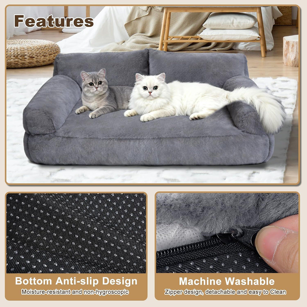 Cat Beds for Indoor Cats, Cat Couch Bed, Cute Cats Sofas for Medium Pets, Dog Sofas & Chairs with Removable Washable Cover, Plush Soft Pet Furniture for 35Lbs Medium Dogs & Cats(Light Gray)