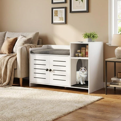 Cat Litter Box Enclosures, Large Hidden Cat Litter Box Furniture with Double Door, Wooden End Table Litter Box Cabinet with Storage Shelf, Cushion & Litter Mat, Dog Proof Design, Modern Cat House