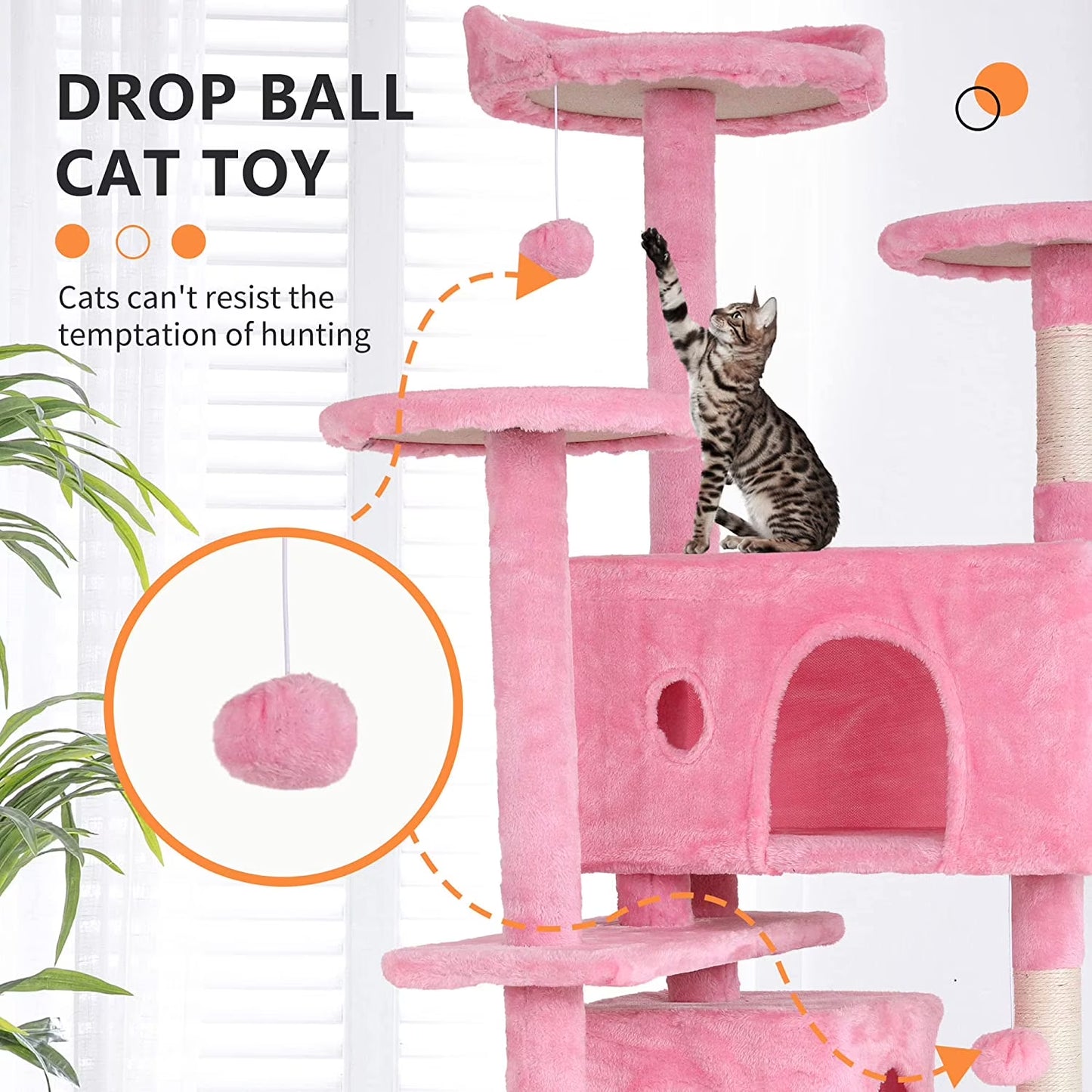 54In Kitten Activity House with Cat Scratching Posts Stand House Cat Condo with Funny Toys Pink