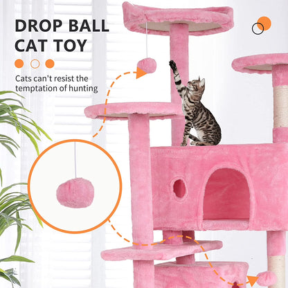 54In Kitten Activity House with Cat Scratching Posts Stand House Cat Condo with Funny Toys Pink