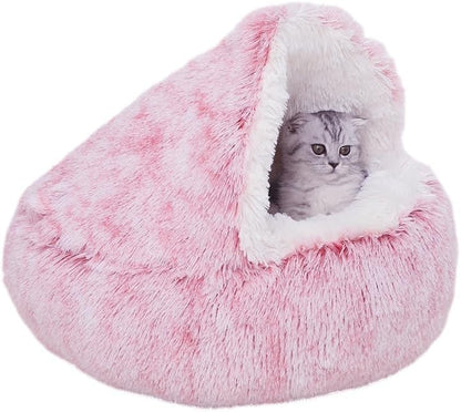 Calming round Dog Bed & Cat Cave with Hooded Cover, Plush Fluffy Anti-Anxiety Cat Bed, Waterproof Bottom Washable (Pink, 20X20Inch)
