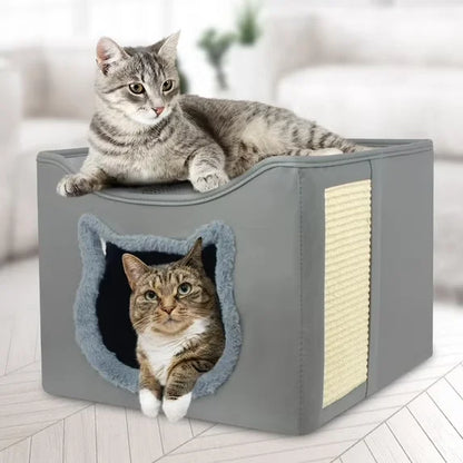 Cat Beds for Indoor Cats, Foldable Square Comfortable Pet Cave Bed & Furniture, with Scratching Pad and 2 Cushion, Grey