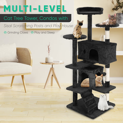 Tabby Indoor Upholstered Faux-Fur Wood Dark Gray Cat Condo Tree Tower for Pet Room