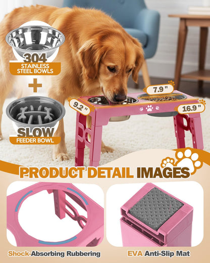Elevated Dog Bowls for Medium Large Size Dogs, Non-Slip Dog Feeder with 1*Stainless Steel Dishes & 1*Slow Feeder Bowl, 5 Heights Adjustable Raised Bowls to 3.15″-8.66″-9.84″-11.02″-12.2″