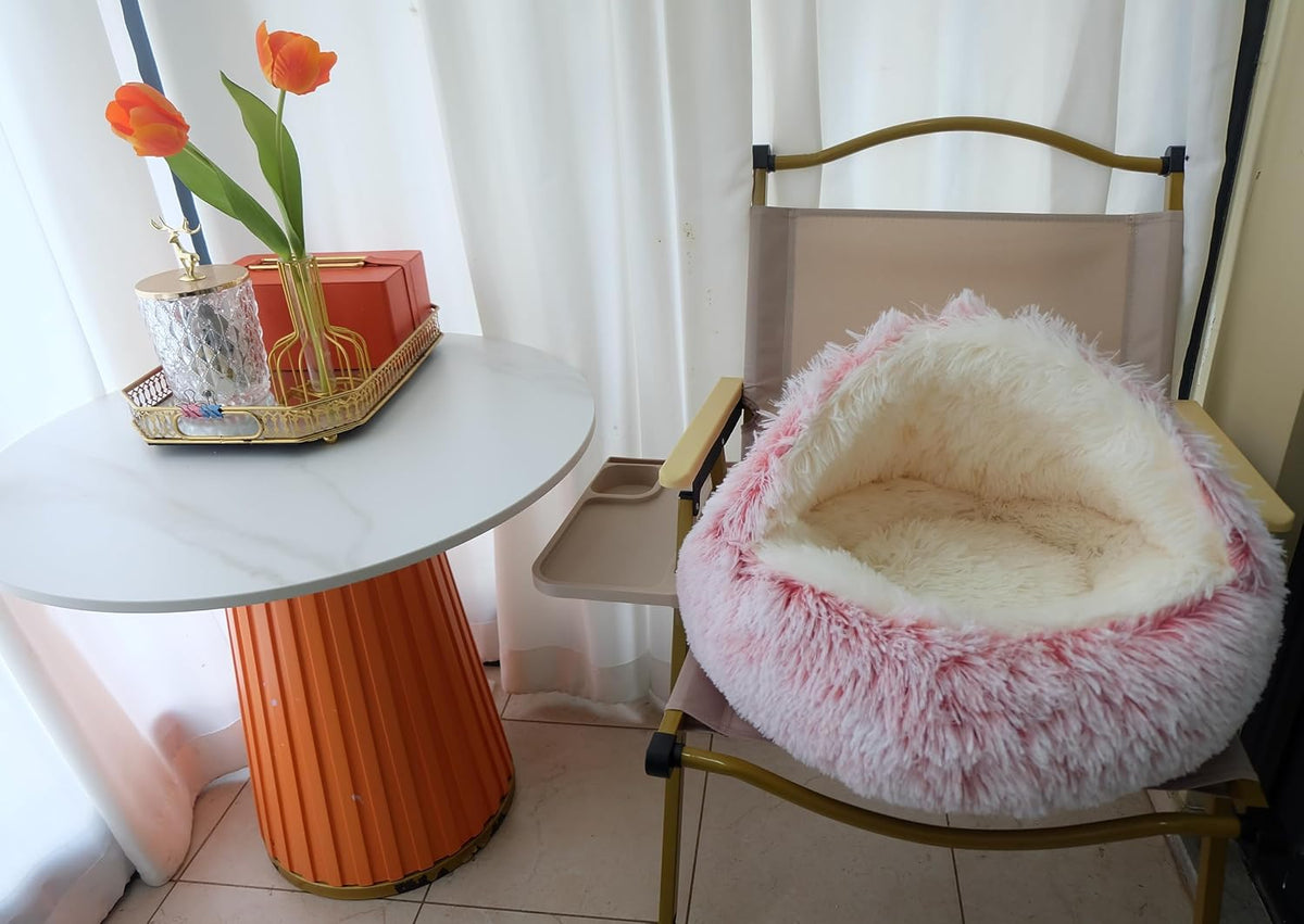 Calming round Dog Bed & Cat Cave with Hooded Cover, Plush Fluffy Anti-Anxiety Cat Bed, Waterproof Bottom Washable (Pink, 20X20Inch)