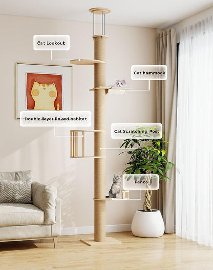 Floor-To-Ceiling Cat Tree, Tension Mount Tower W/Sisal Posts