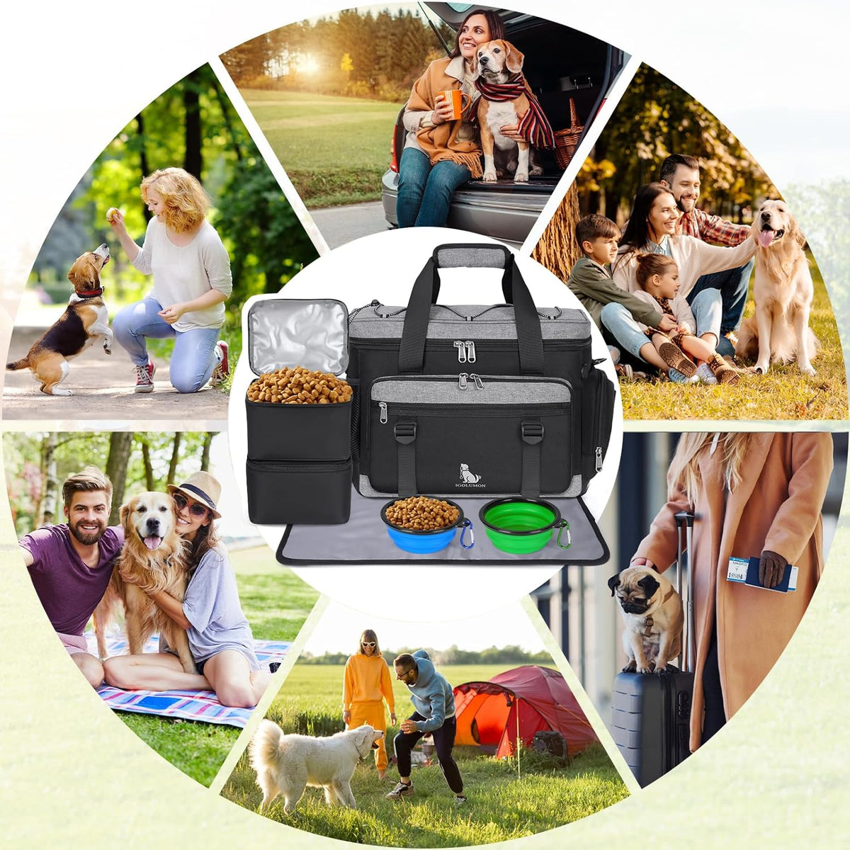 Dog Travel Bag Large Pet Travel Bags Set for Supplies Weekend Travel Kit Tote Organizer Multi-Pockets Food Travel Bag with 2 Extra Large Food Containers, 2 Dog Bowls, 1 Feeding Mat