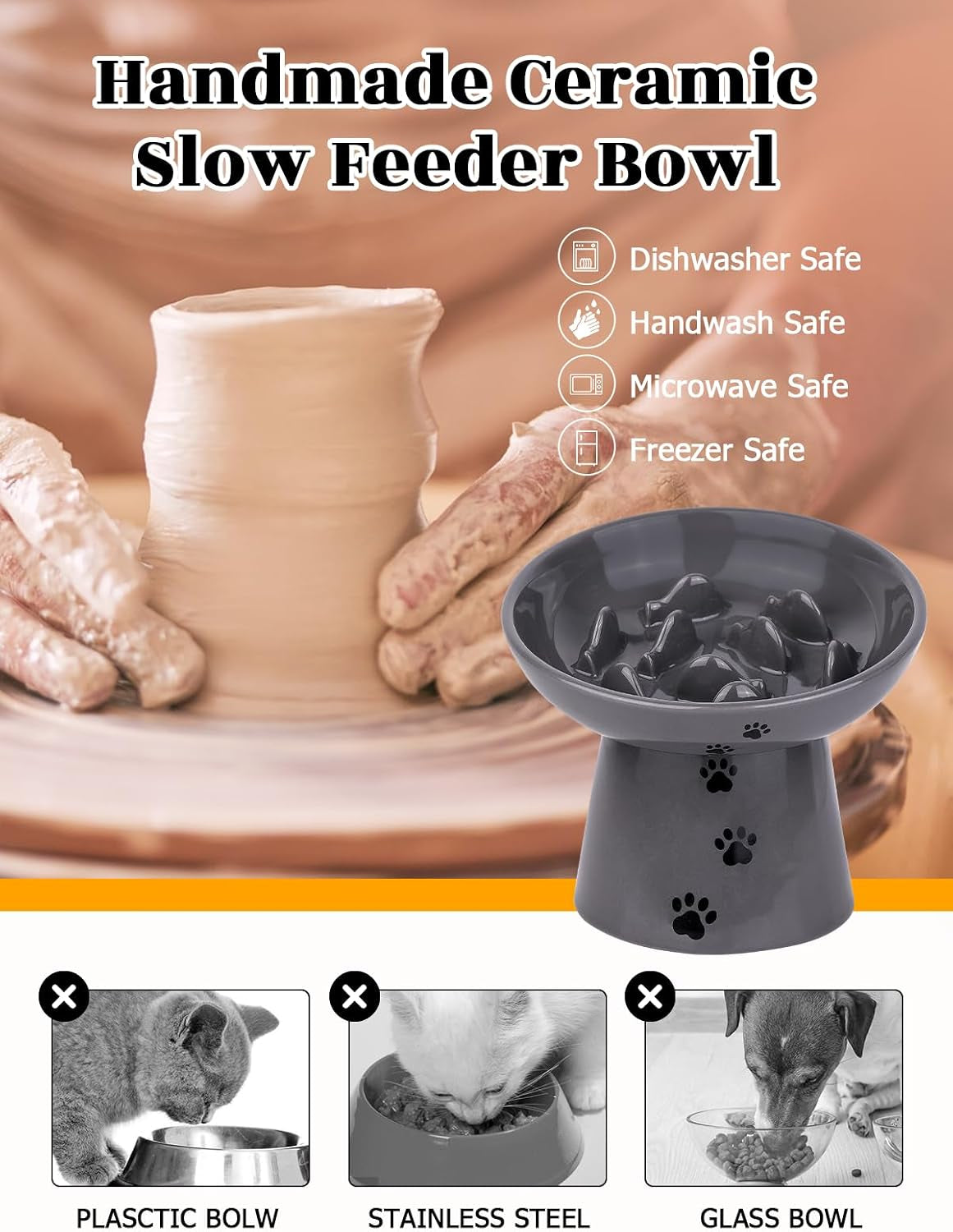 Slow Feeder Cat Bowl, Ceramic Cat Slow Feeder Bowl, 6 Inches, Elevated, anti Vomiting for Dry and Wet Food, Gray