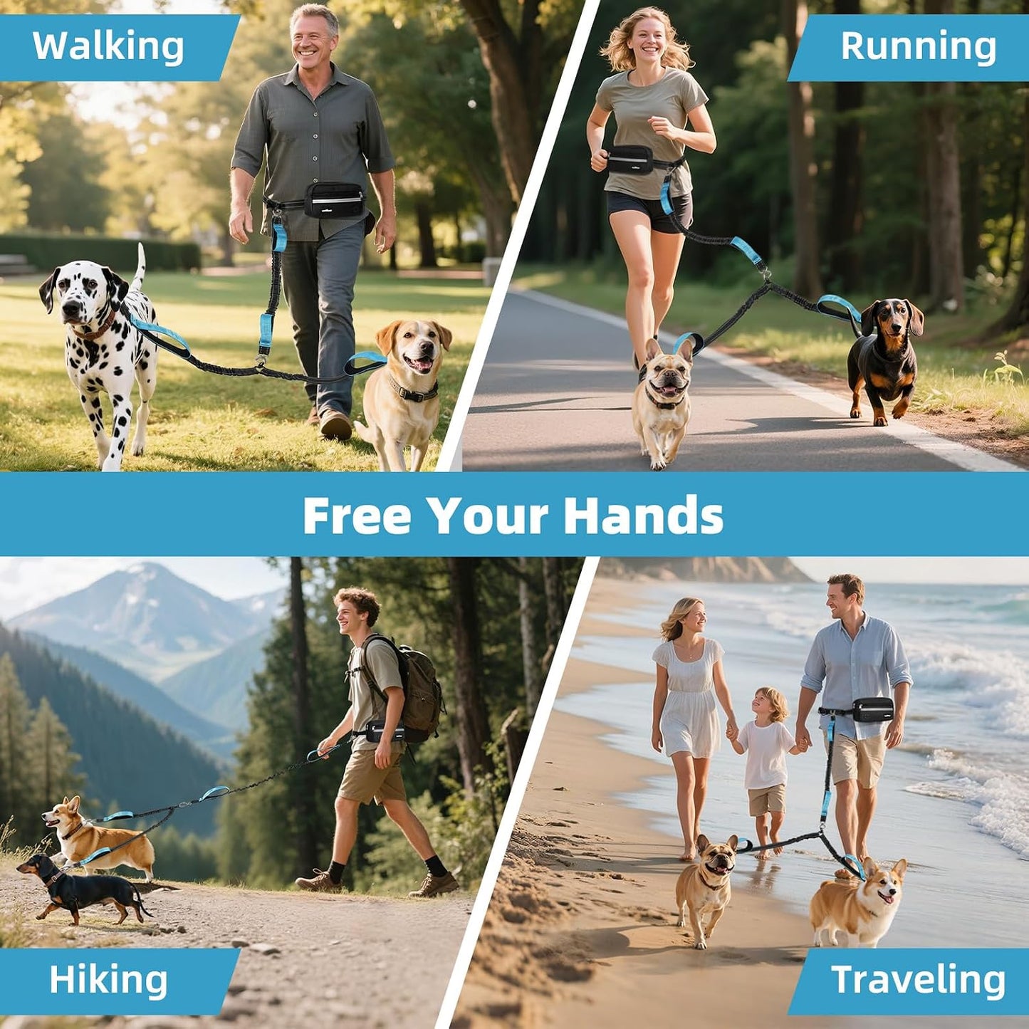 Hands Free Dog Leash for 2 Dogs with Pouch, Dog Walking, 25-120 Lbs