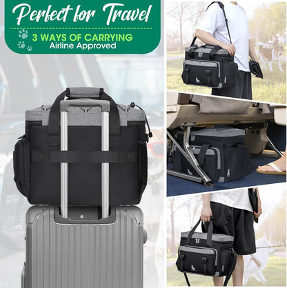 Dog Travel Bag Large Pet Travel Bags Set for Supplies Weekend Travel Kit Tote Organizer Multi-Pockets Food Travel Bag with 2 Extra Large Food Containers, 2 Dog Bowls, 1 Feeding Mat