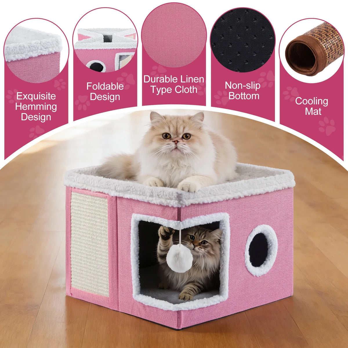 Cat Bed,  Cat House for Indoor Cats with 2 Cushion, Large Cat Cave with Scratch Pad and Fluffy Ball Hanging, Pink