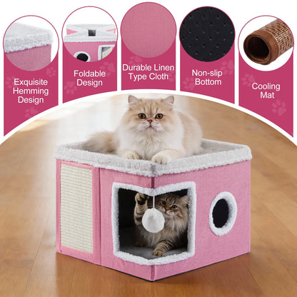 Cat Bed,  Cat House for Indoor Cats with 2 Cushion, Large Cat Cave with Scratch Pad and Fluffy Ball Hanging, Pink