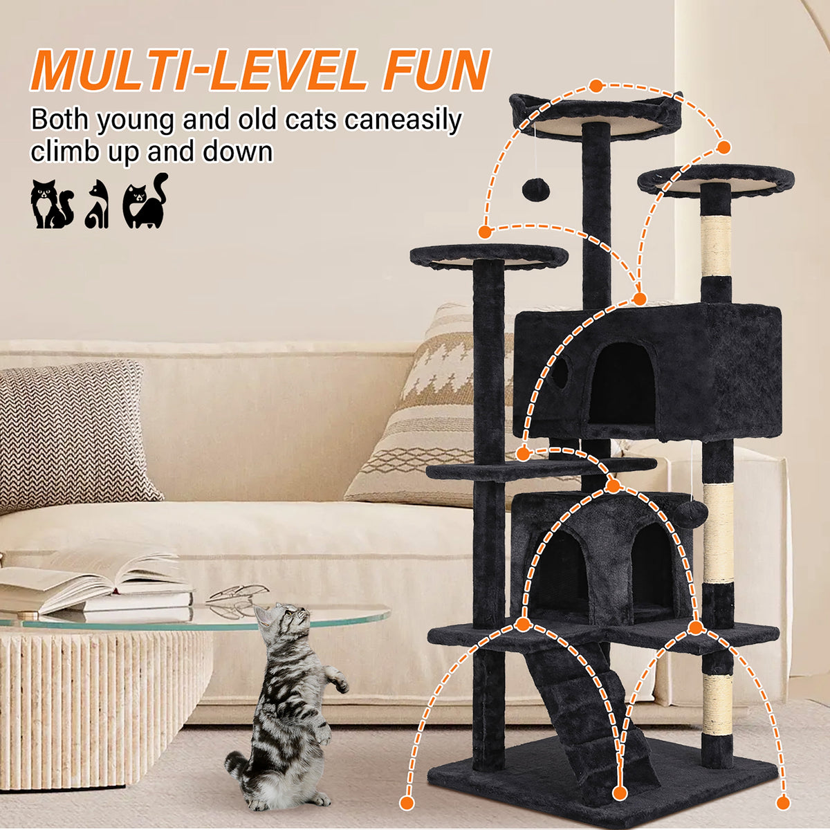 Tabby Indoor Upholstered Faux-Fur Wood Dark Gray Cat Condo Tree Tower for Pet Room