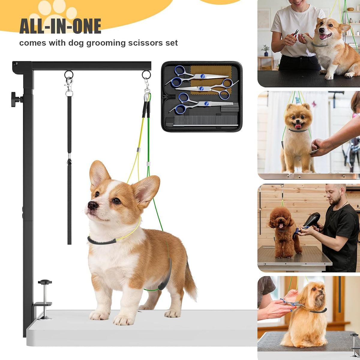 Foldable Dog Grooming Arm with Clamp - Adjustable Grooming Table Arm with No-Sit Holder & Hammock, Includes Pet Grooming Scissors & Comb Set | for Small Medium Dogs | Home Use & Professional Salon