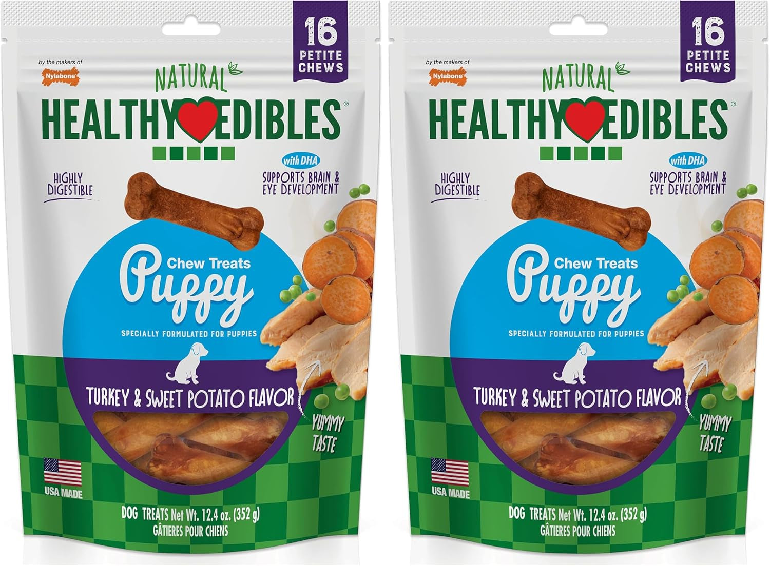 Healthy Edibles Natural Puppy Chews Long Lasting Treats for Puppies,Turkey & Sweet Potato Flavor,X-Small/Petite,16 Count (Pack of 2)
