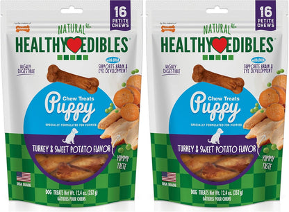Healthy Edibles Natural Puppy Chews Long Lasting Treats for Puppies,Turkey & Sweet Potato Flavor,X-Small/Petite,16 Count (Pack of 2)
