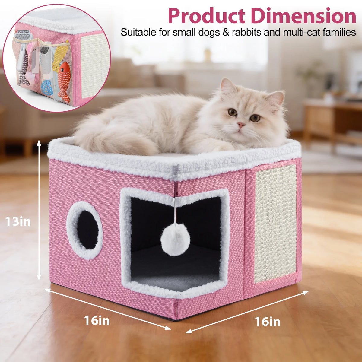 Cat Bed,  Cat House for Indoor Cats with 2 Cushion, Large Cat Cave with Scratch Pad and Fluffy Ball Hanging, Pink