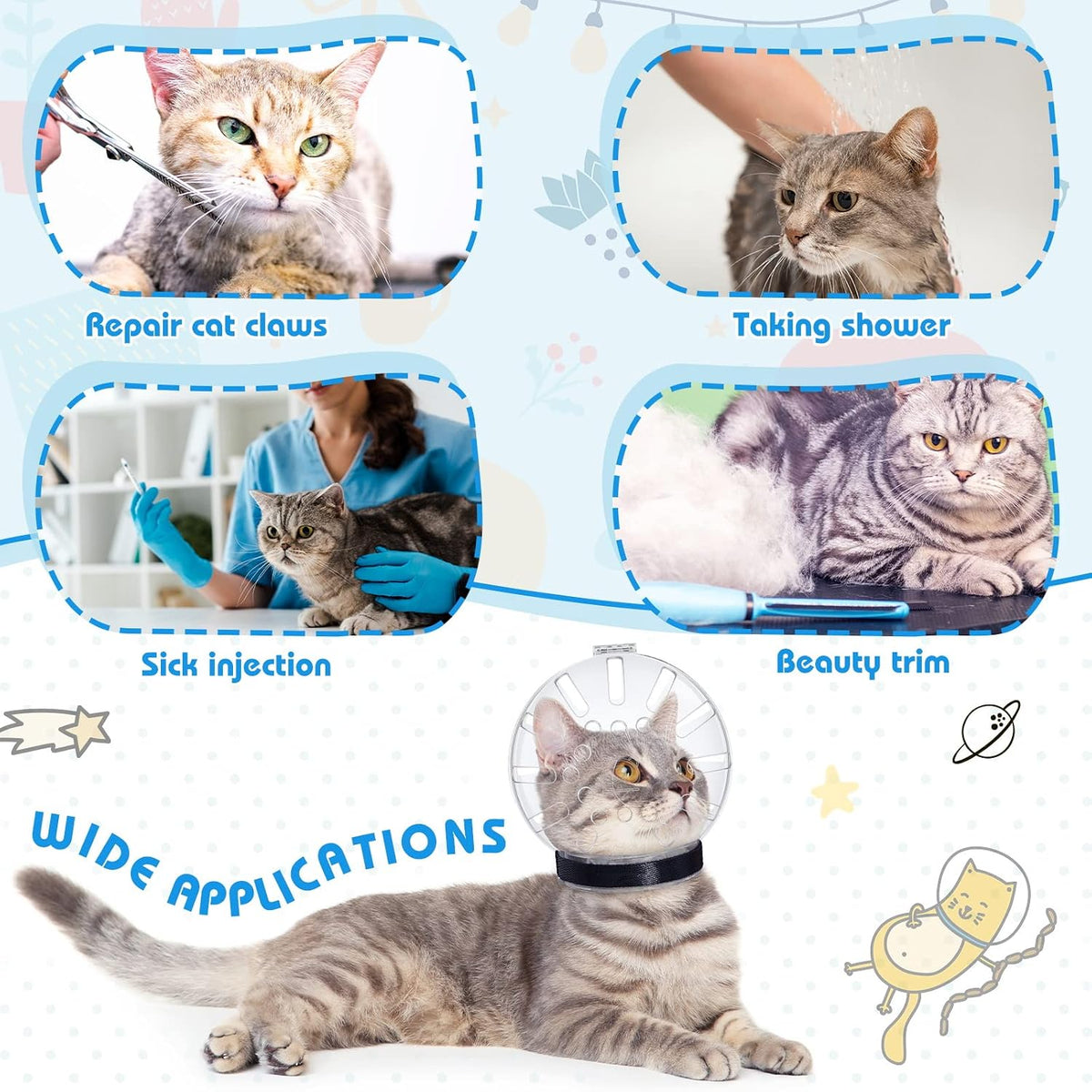 8 Pcs Cat Muzzle Set with Adjustable Cat Bathing Bag, Breathable Muzzle Pet for Shower Grooming Brush Tick Remover Tool Nail Clipper Nail File for Dog, Bunny Cleaning Trimming(L Size,Blue)