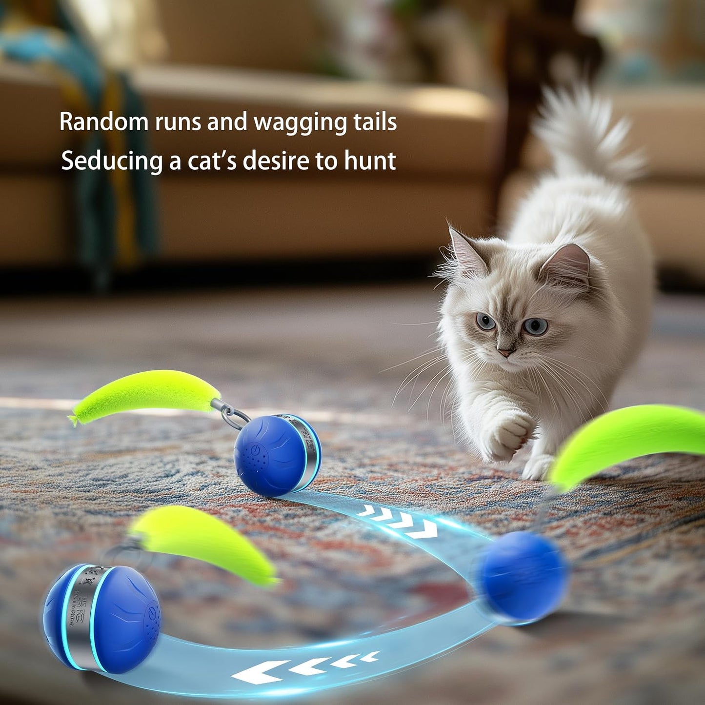 Speedy 2.0 Tail Interactive Cat Toys for Bored Indoor Adult Cats,Rechargeable Automatic Cat Toy Balls Self Moving Chirping,Electric Cat Ball Toy for Smart Kitten Enrichment Exercise Essentials(Blue)